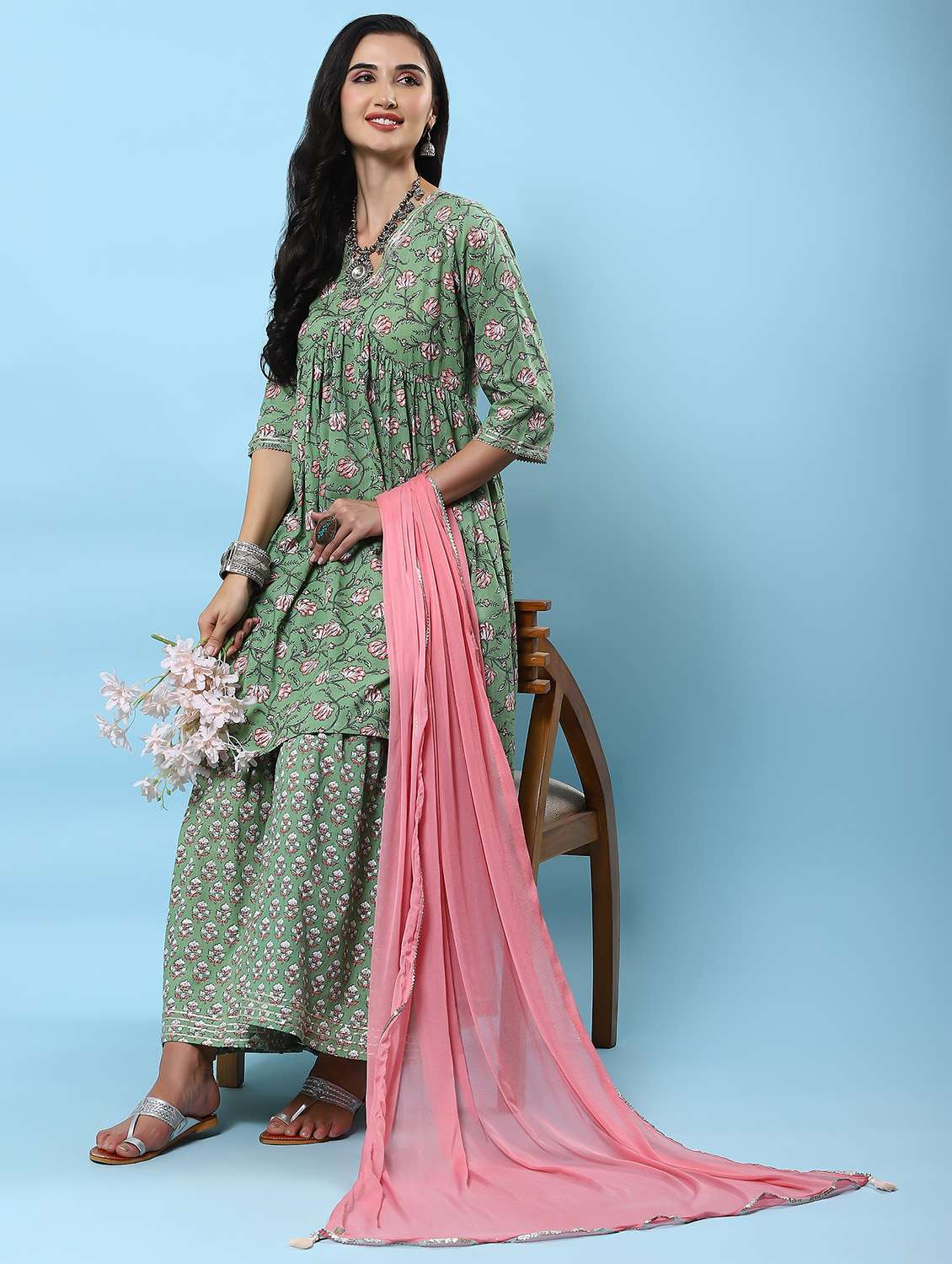 green cotton kurta dupatta  set
