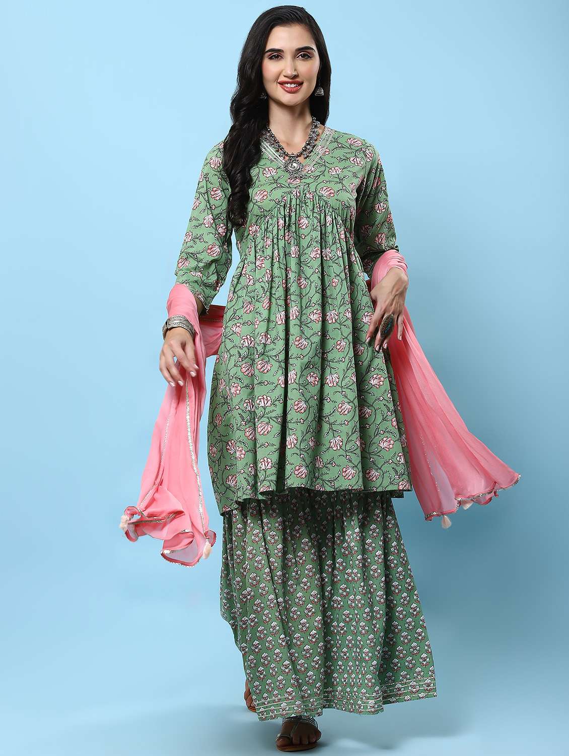 green cotton kurta dupatta set - 21221651 - Standard Image - 4