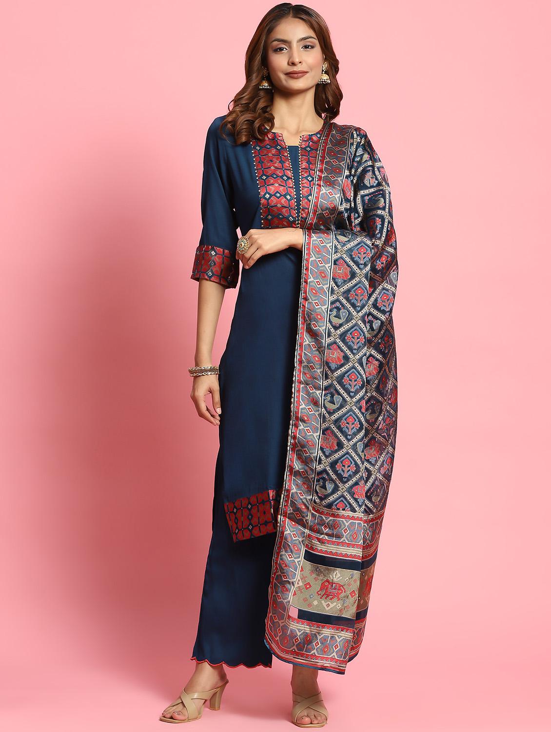 teal silk blend kurta dupatta set - 21221655 - Standard Image - 4