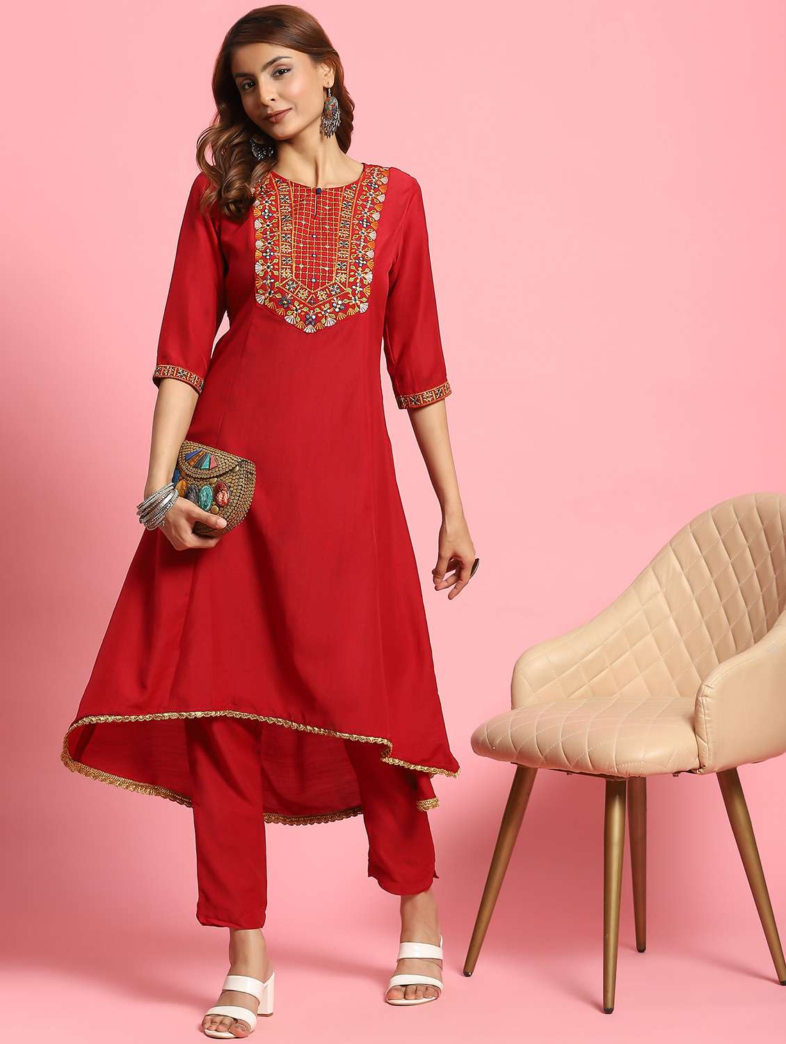 women red round neck kurta pant set