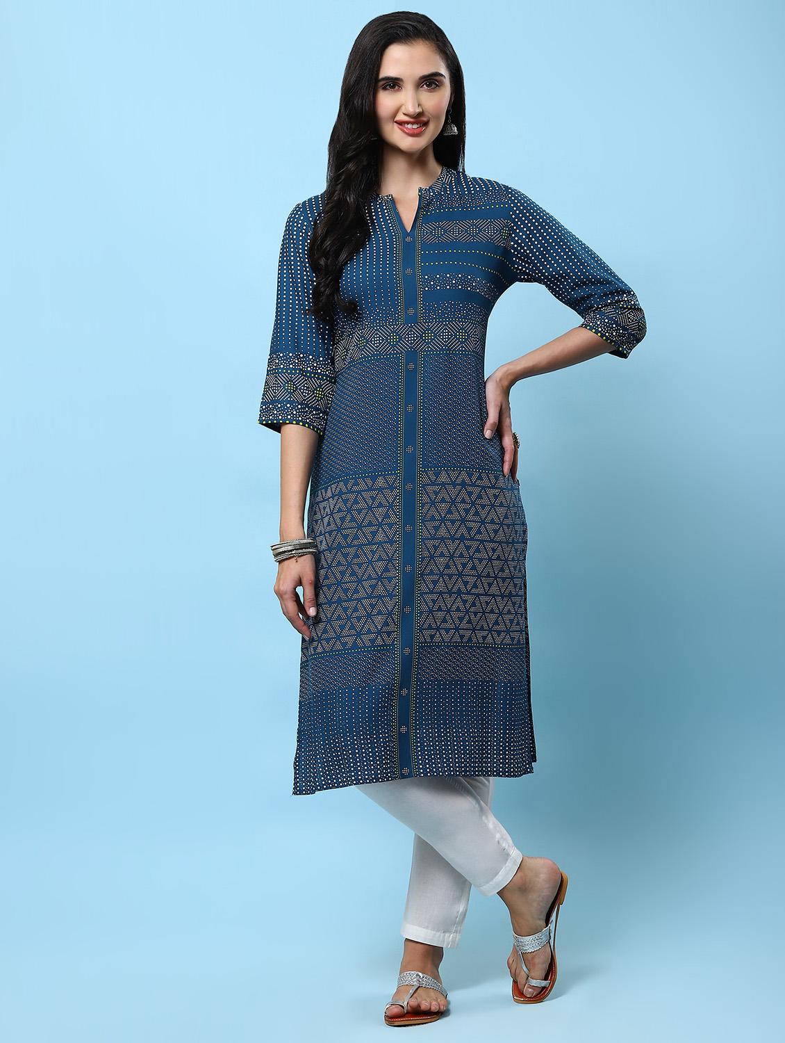 women mandarin neck printed straight kurta - 21221672 -  Zoom Image - 0