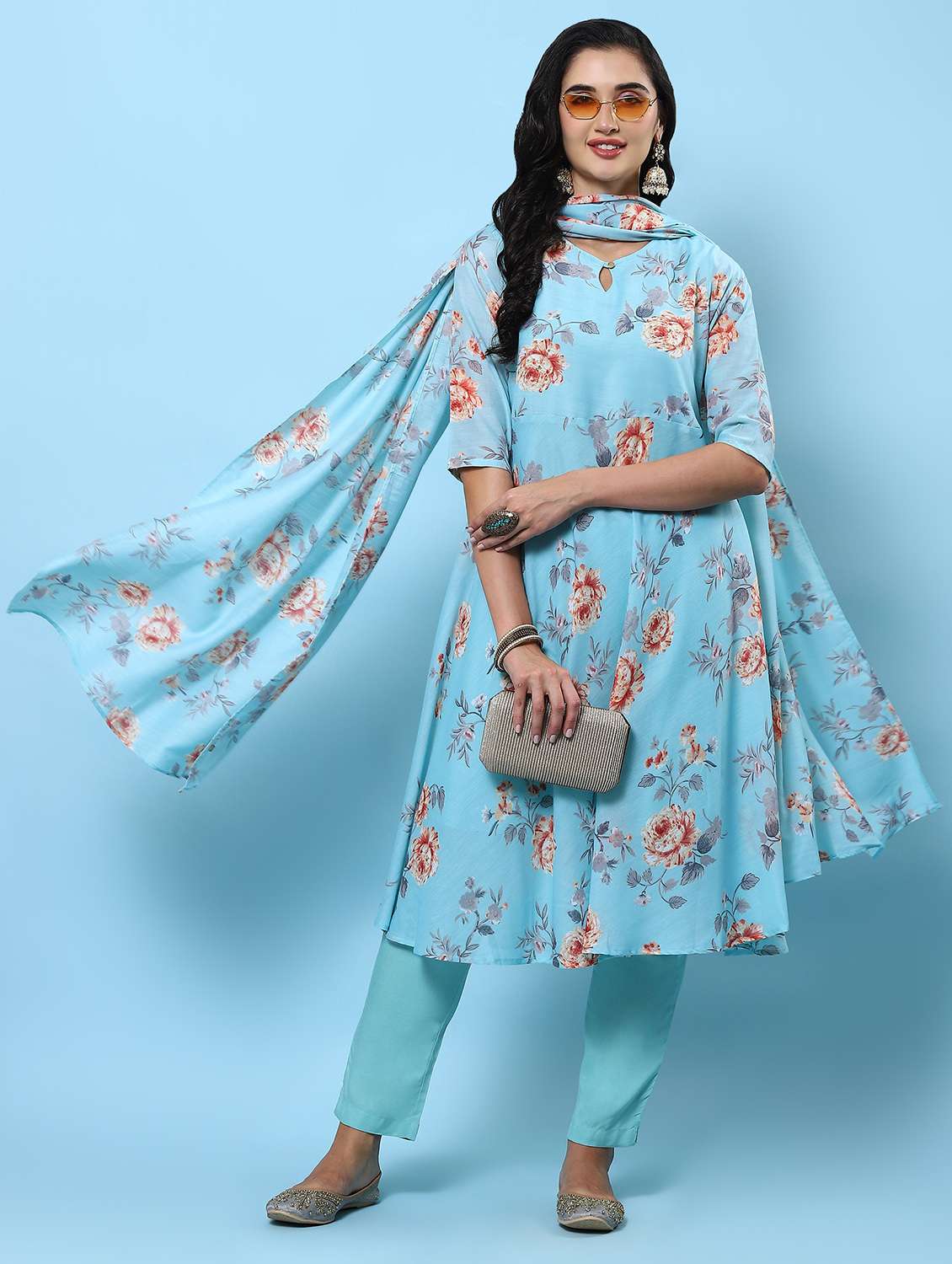 women light blue floral kurta pant set with dupatta