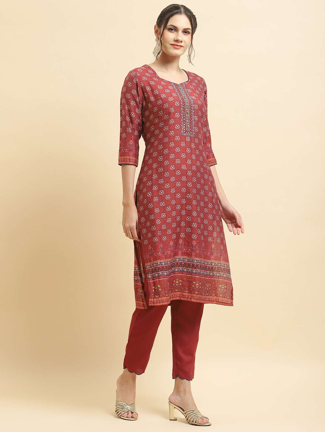 women three quarter sleeve kurta pant with dupatta set - 21221702 -  Standard Image - 1