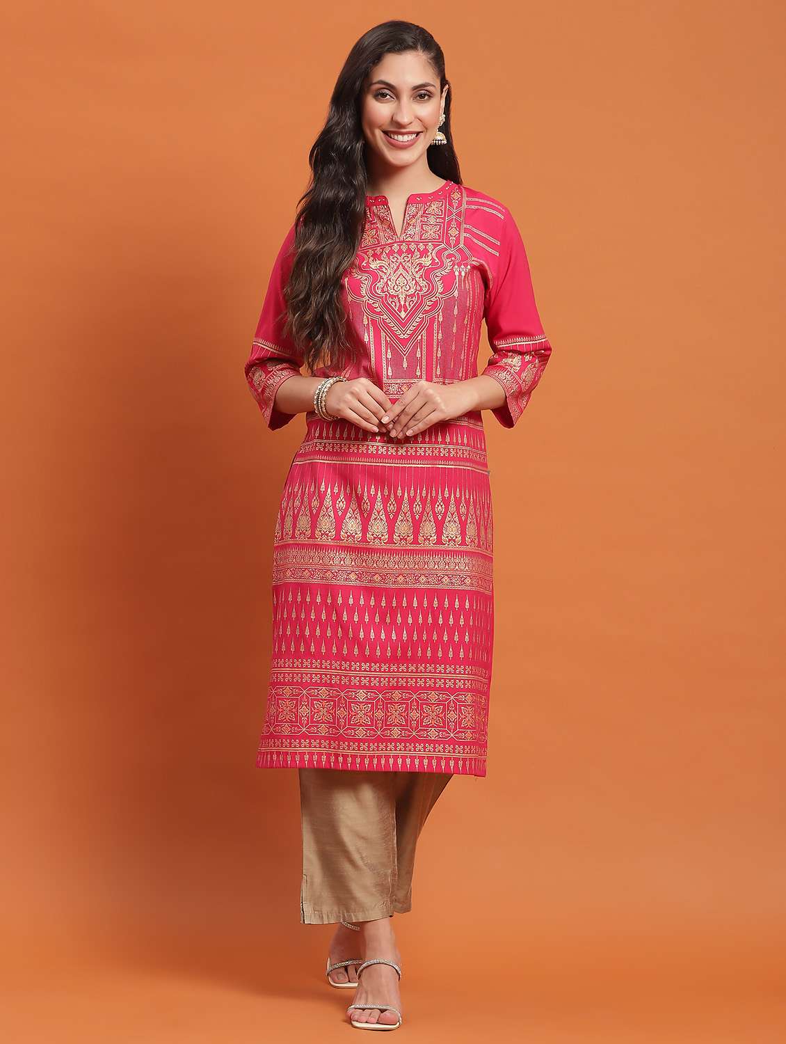 women pink self design kurta 