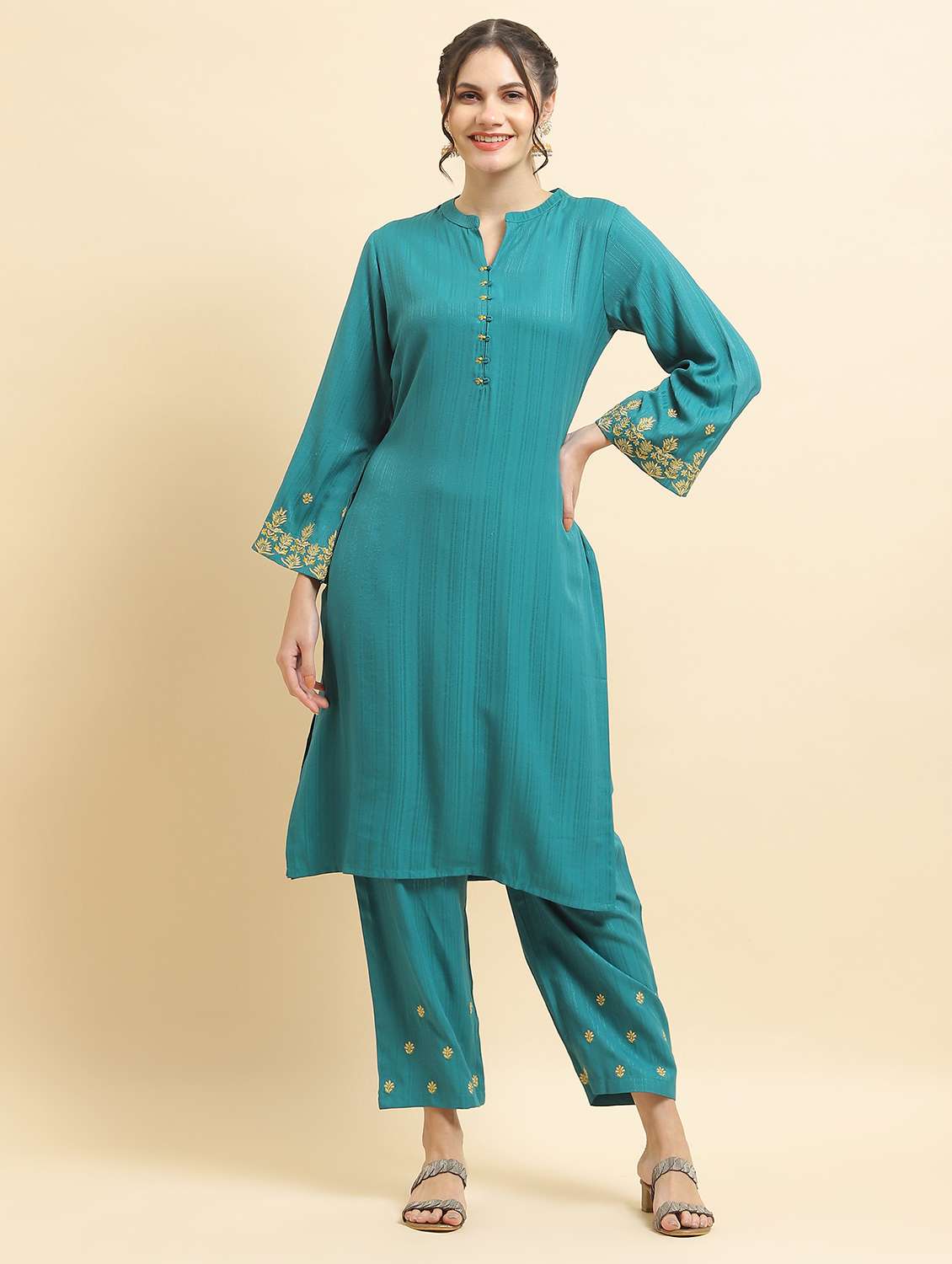 women mandarin neck kurta pant set - 21221741 -  Standard Image - 1