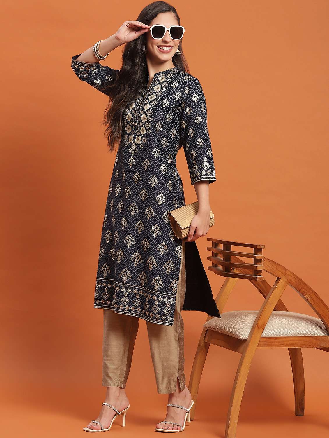 women three quarter sleeve straight kurta