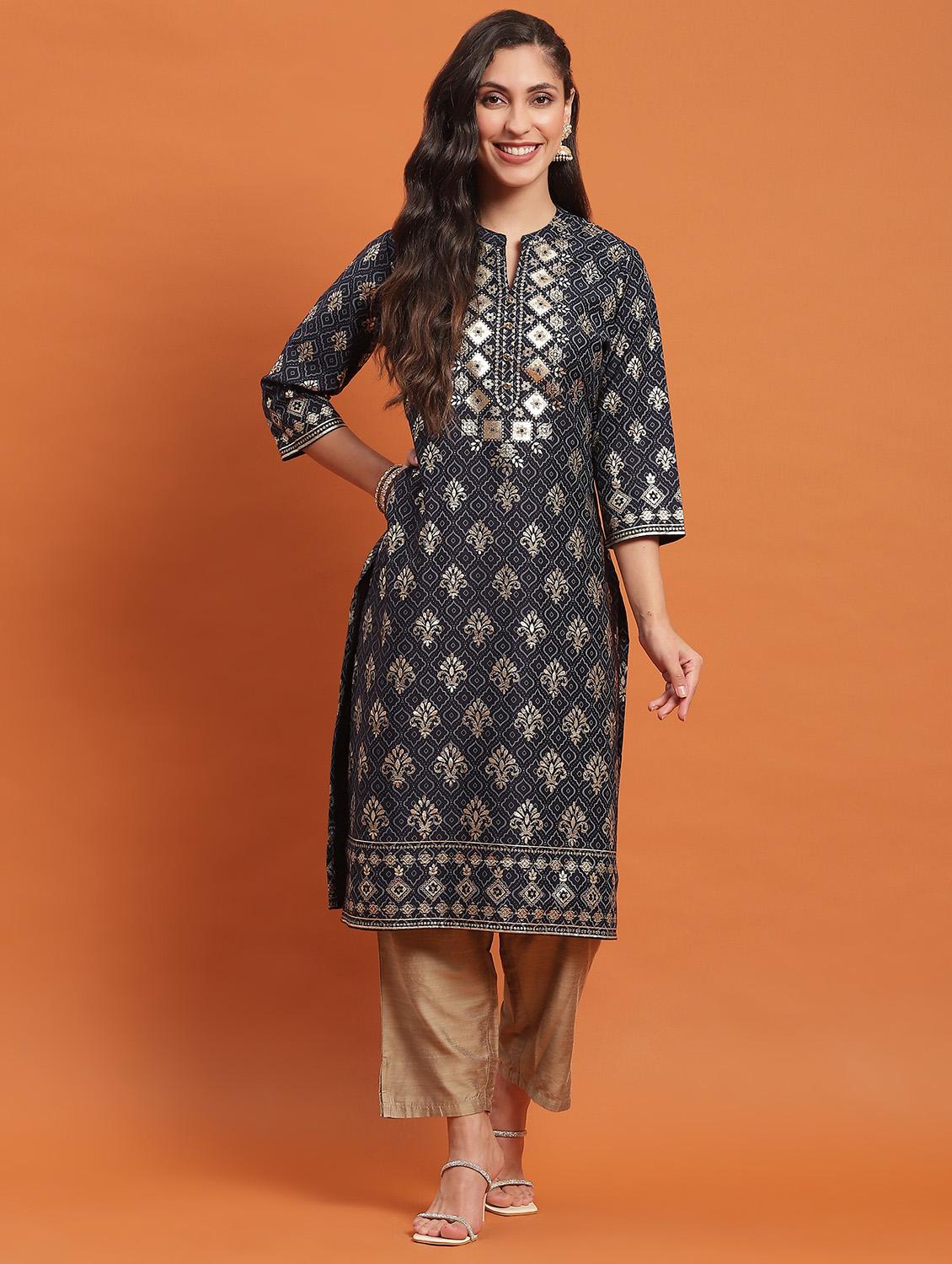 women three quarter sleeve straight kurta - 21221768 - Standard Image - 1