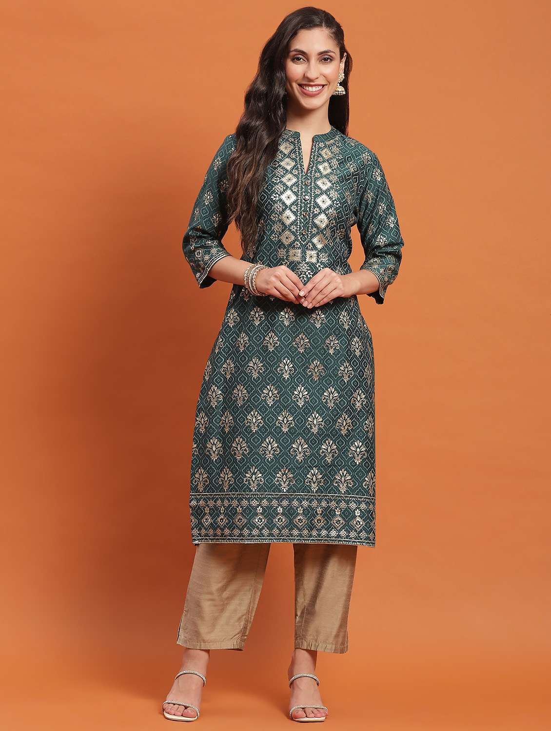 women three quarter sleeve straight kurta - 21221769 -  Standard Image - 1
