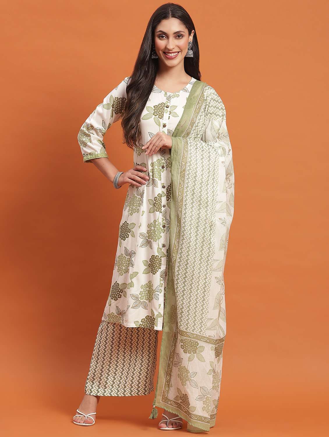 women three quarter sleeve kurta palazzo with dupatta set