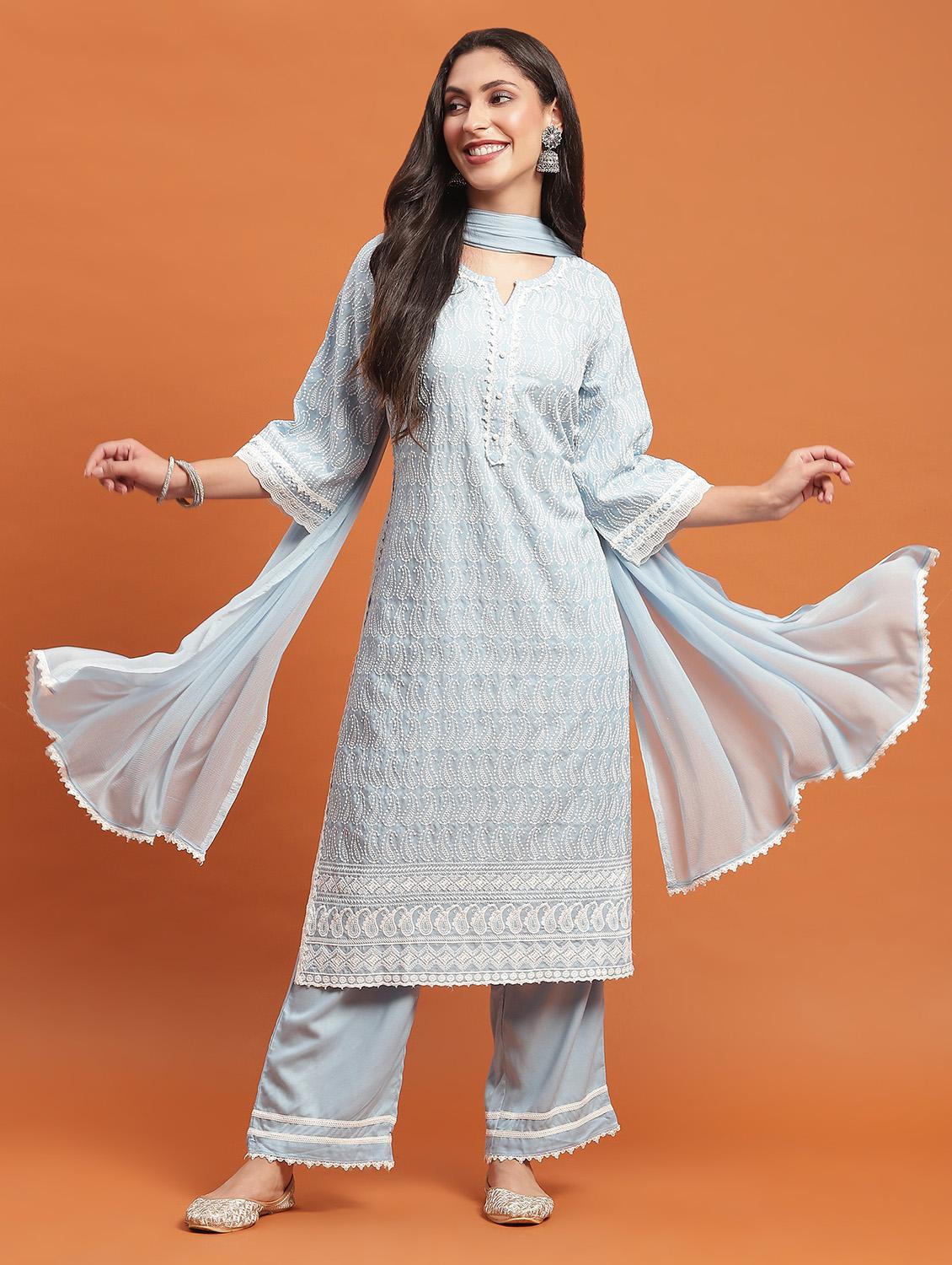 women three quarter sleeve kurta palazzo with dupatta set - 21221772 -  Standard Image - 1