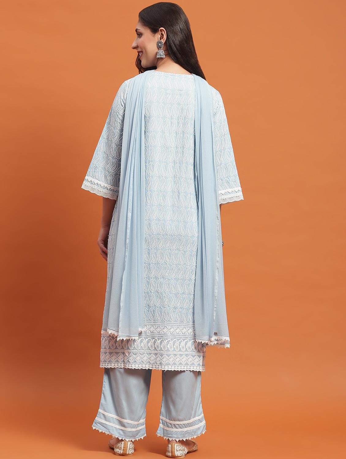 women three quarter sleeve kurta palazzo with dupatta set - 21221772 - Standard Image - 4