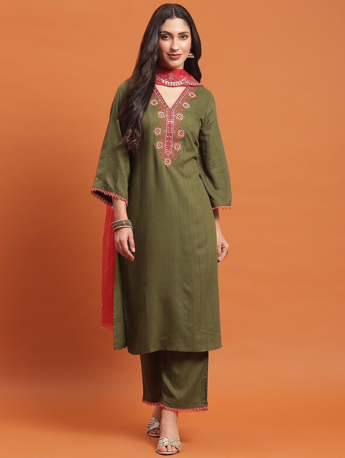 women three quarter sleeve kurta pant with dupatta set