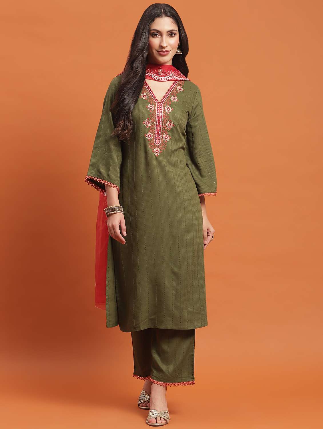 Women Three Quarter Sleeve Kurta Pant With Dupatta Set