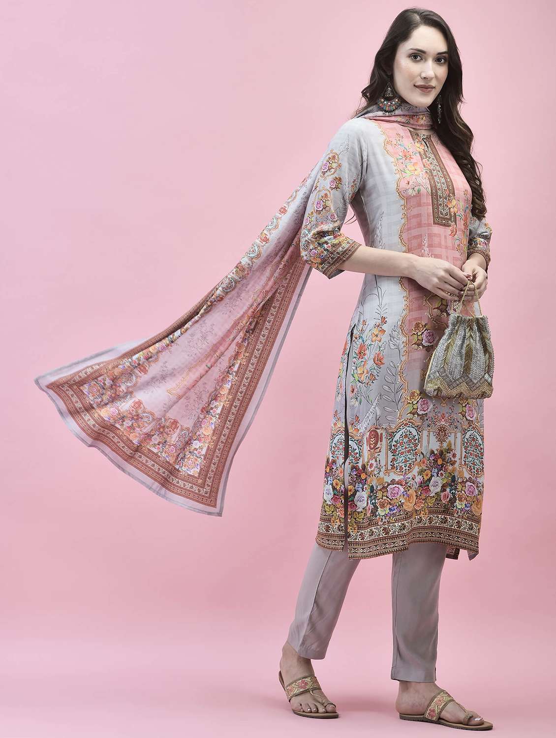 women three quarter sleeve kurta pant with dupatta set - 21221796 -  Standard Image - 1