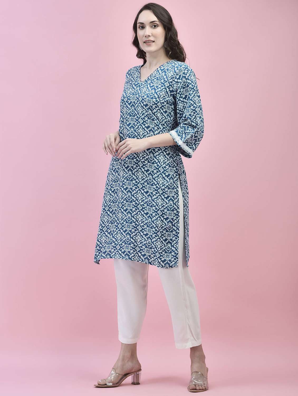 women three quarter sleeve straight kurta - 21221817 -  Standard Image - 1