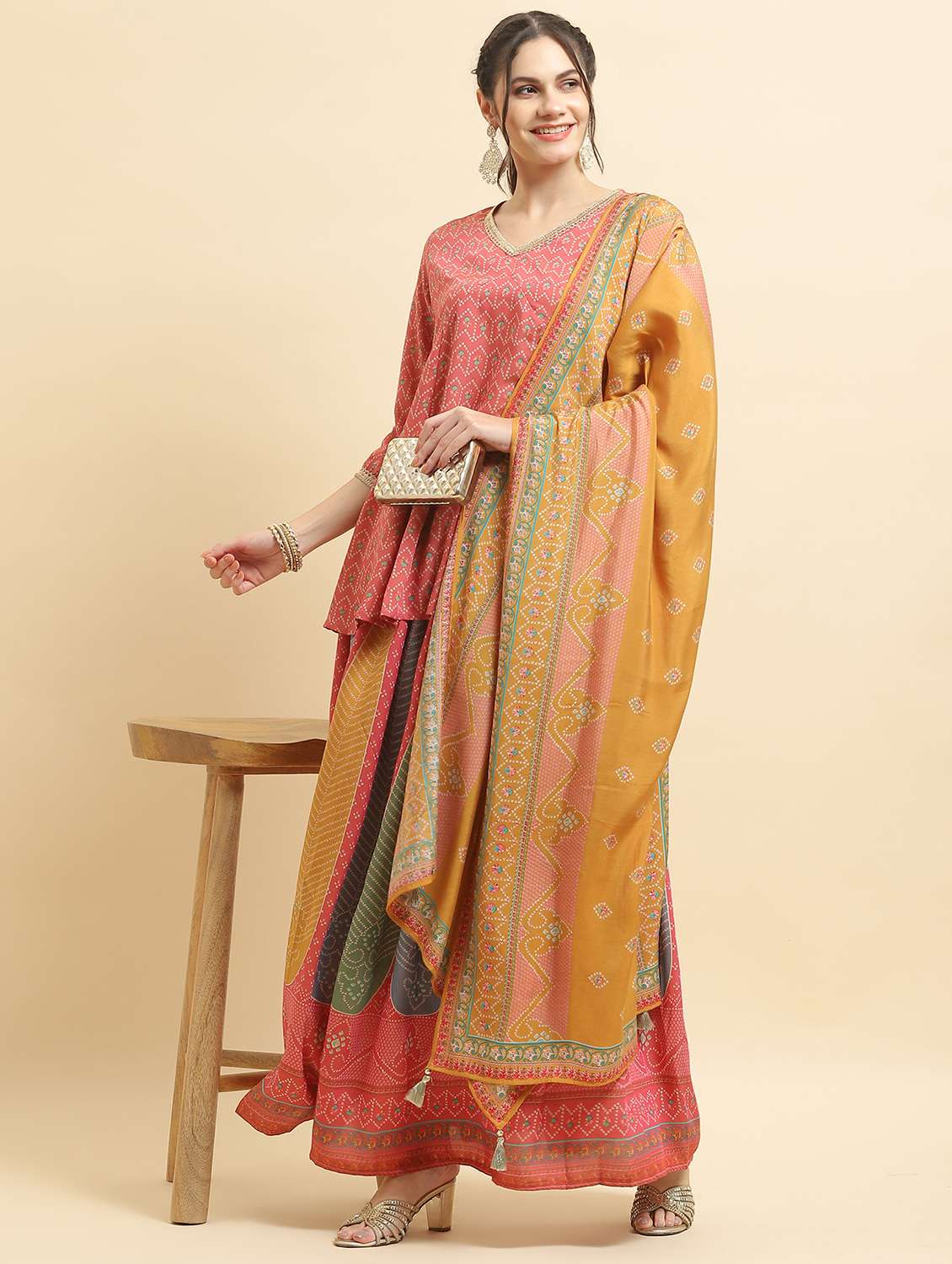 women pink printed kurta skirt set with dupatta 