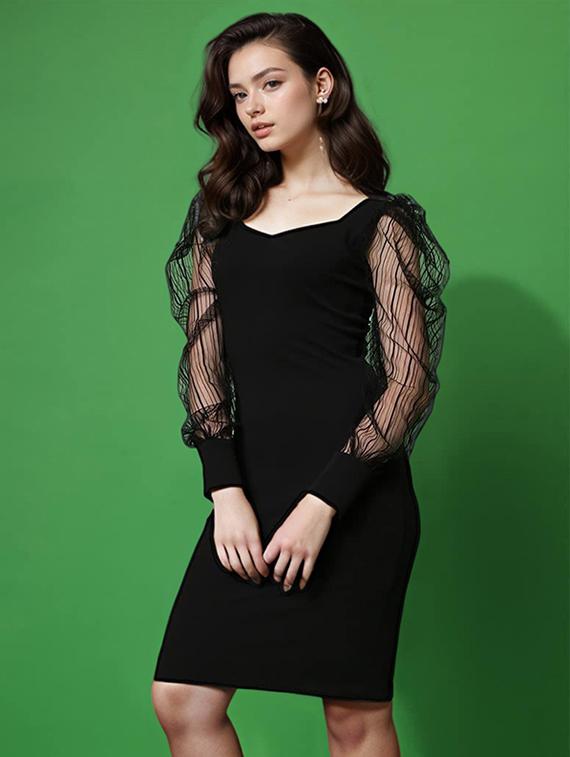 women solid puff sleeves bodycon dress - 21222136 - Standard Image - 1