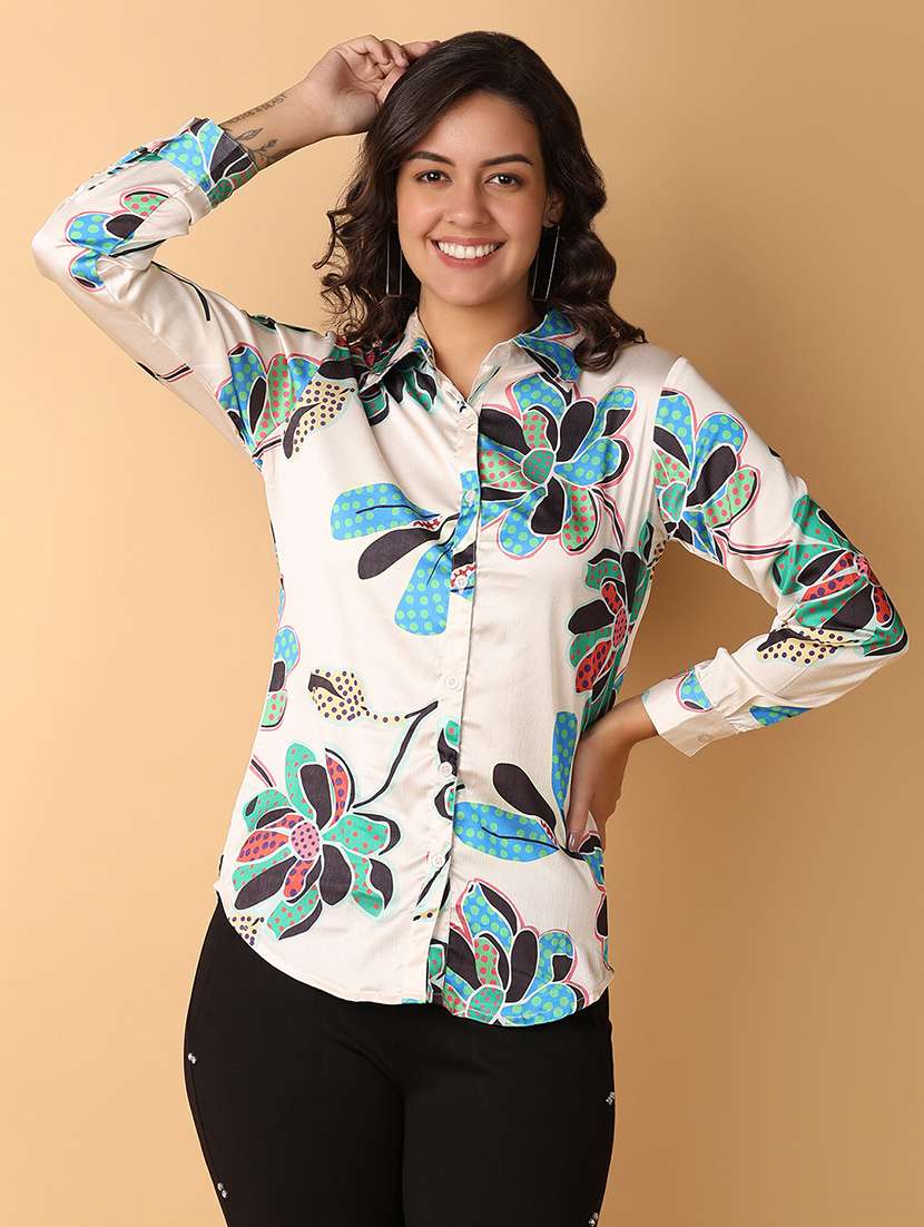 women off white satin regular shirt