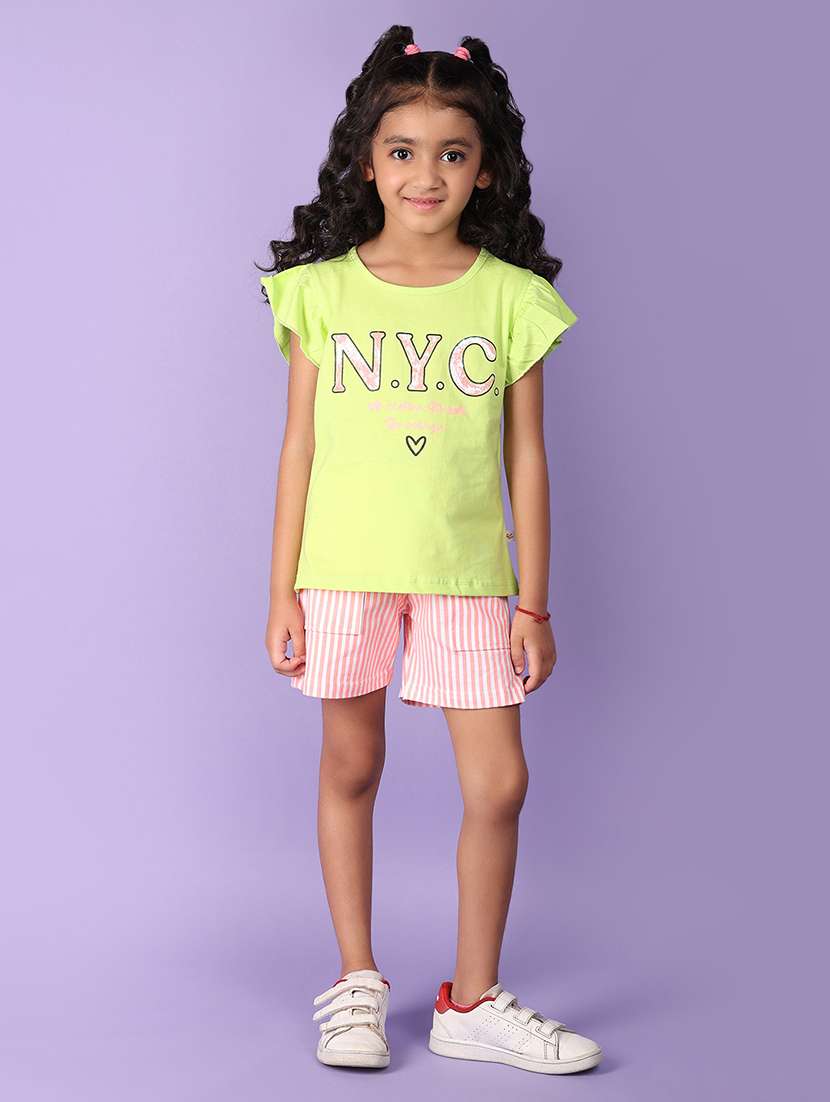 girls green cotton top & shorts set