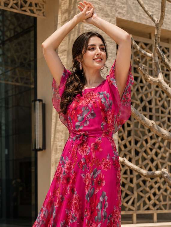 pink georgette fit & flare dress - 21223681 -  Standard Image - 1