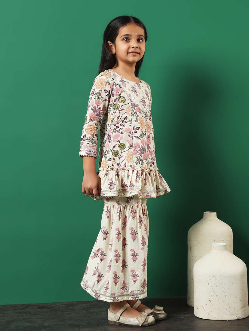 white cotton printed kurta & sharara set - 21224775 -  Standard Image - 1