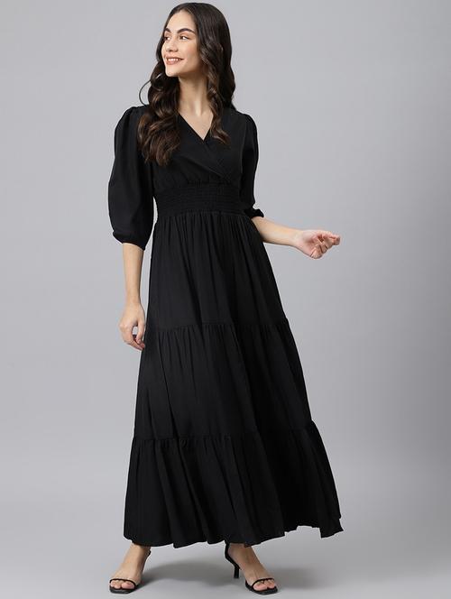 women solid puff sleeves fit & flared dress - 21224893 -  Standard Image - 0