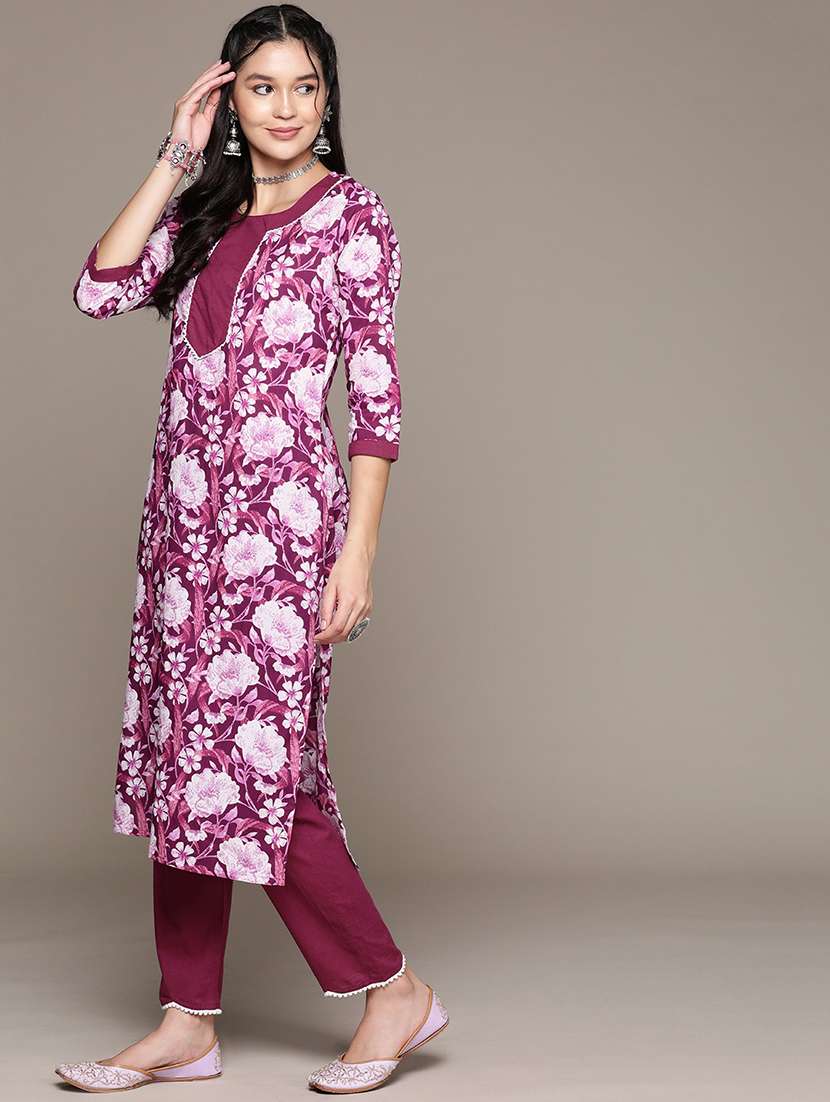 women purple round neck kurta pant set - 21225103 -  Standard Image - 1