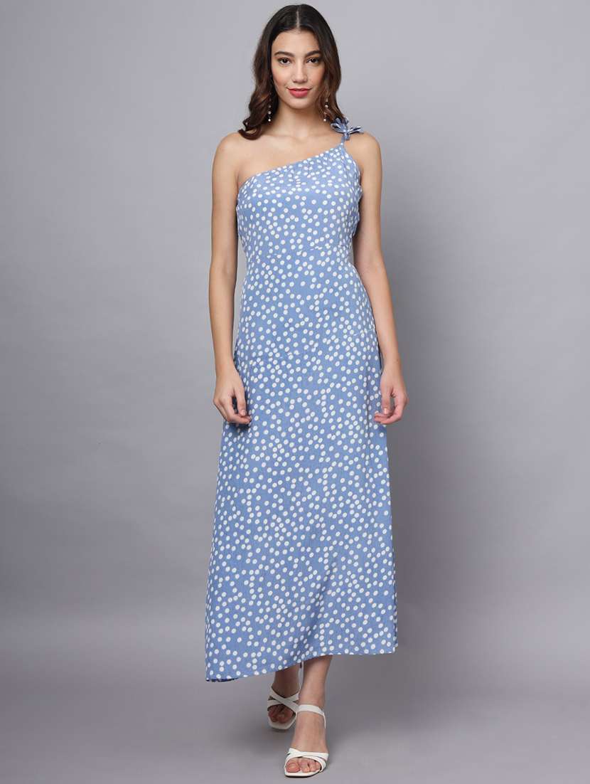 women polka doted single shoulder a-line dress