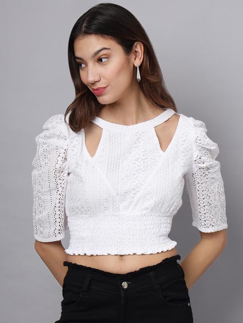 women white regular fit lace detailed puff sleeves crop top - 21225167 -  Standard Image - 0