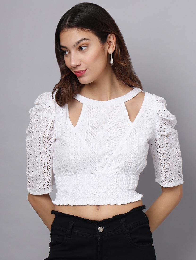 women white regular fit lace detailed puff sleeves crop top - 21225167 -  Zoom Image - 0