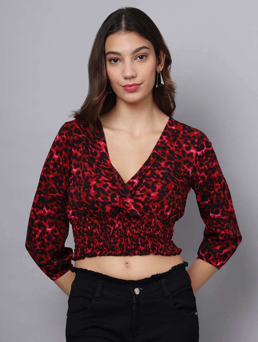 women animal print smocked detailed crop top