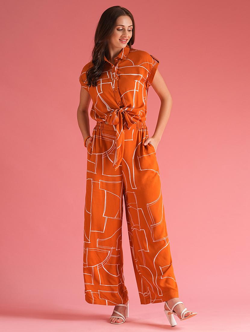 globus women brown abstract print extended sleeves shirt style waist tie-up jumpsuit