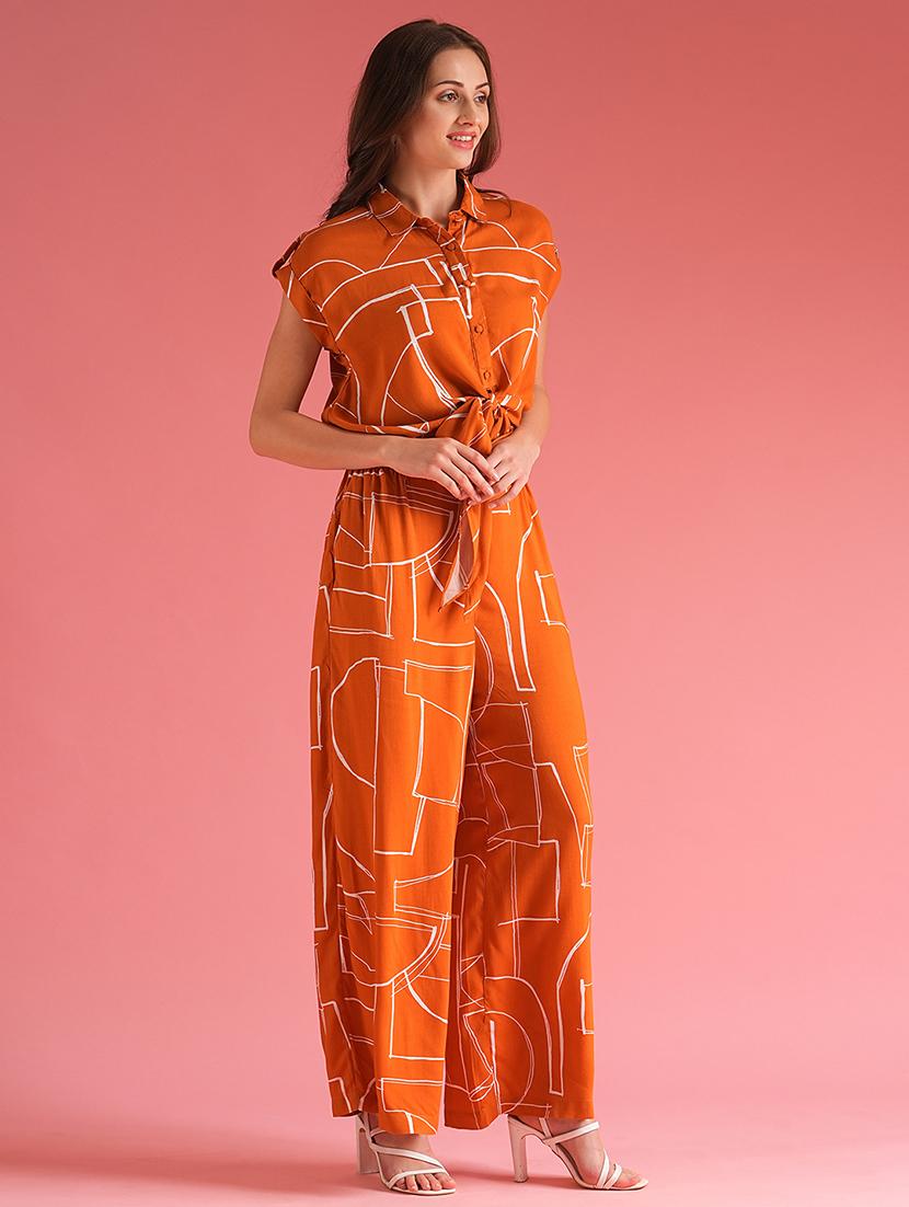 globus women brown abstract print extended sleeves shirt style waist tie-up jumpsuit - 21225181 -  Standard Image - 1
