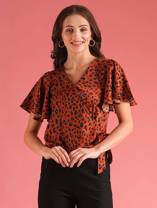 globus women brown animal print waist tie-ups workwear wrap top - 21225189 - Standard Image - 0