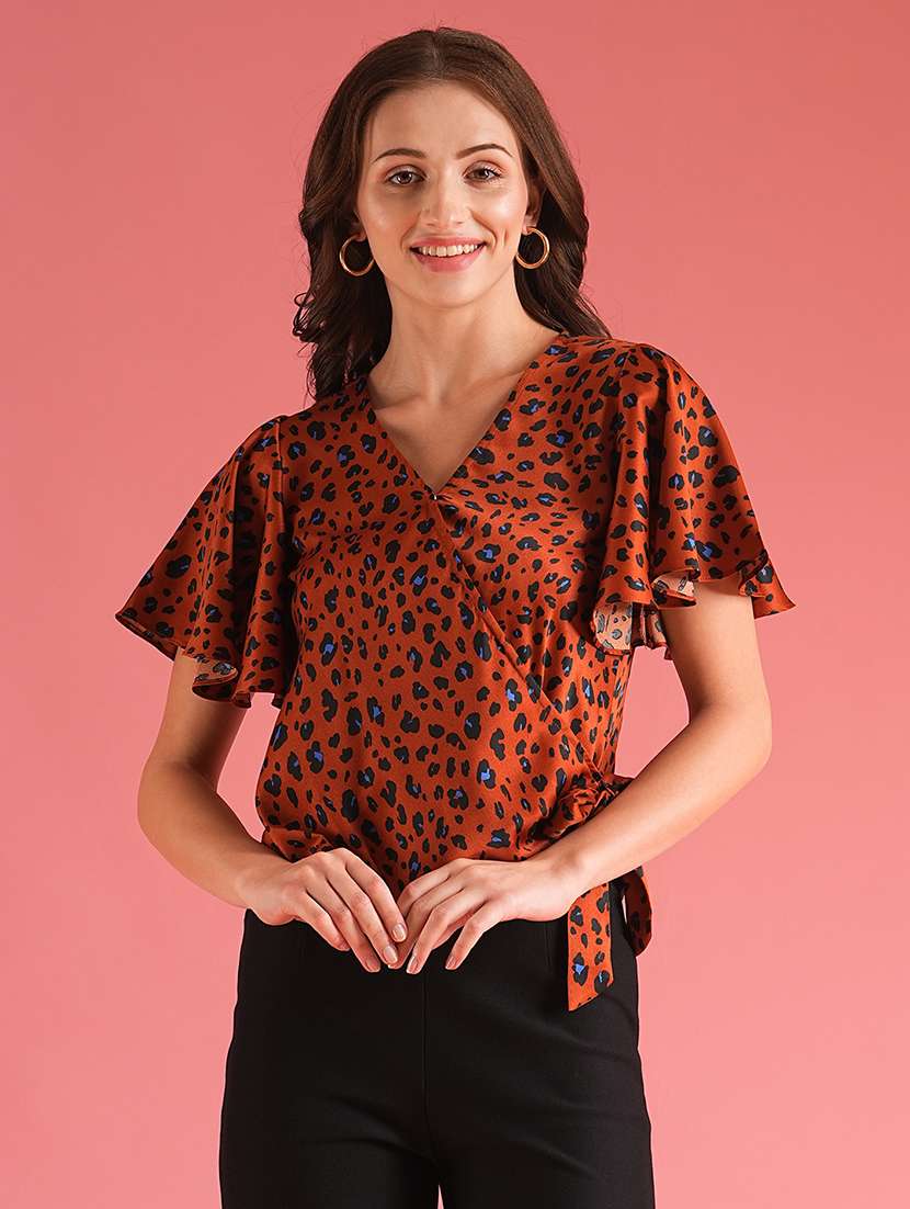 globus women brown animal print waist tie-ups workwear wrap top - 21225189 - Zoom Image - 0