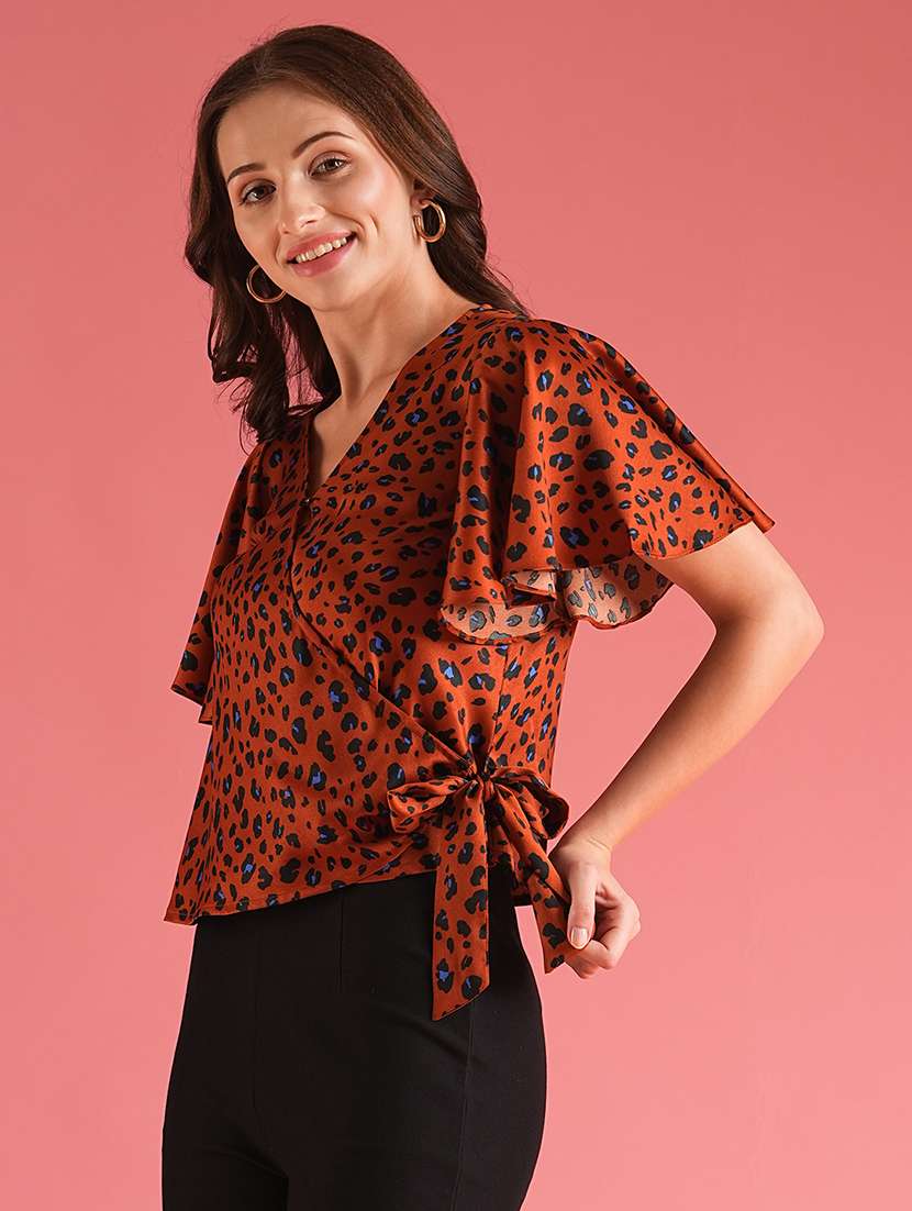 globus women brown animal print waist tie-ups workwear wrap top - 21225189 - Standard Image - 1