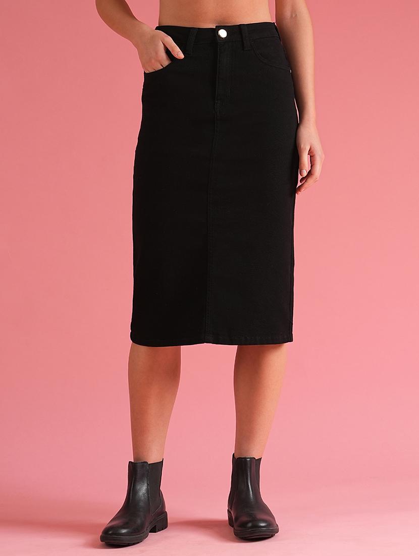 globus women black back slit denim pencil skirt - 21225822 -  Zoom Image - 0