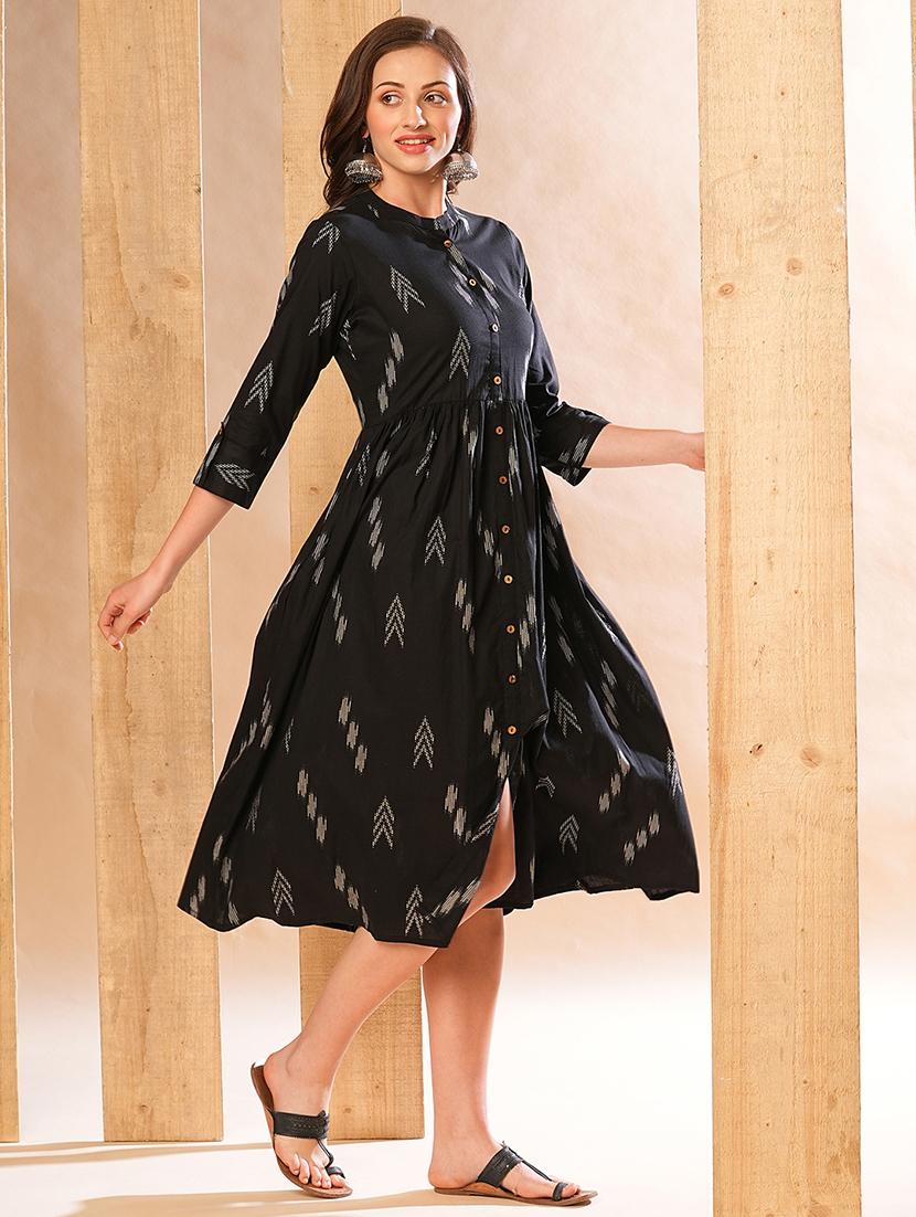 globus women black allover printed a-line midi workwear dress - 21225826 - Standard Image - 1