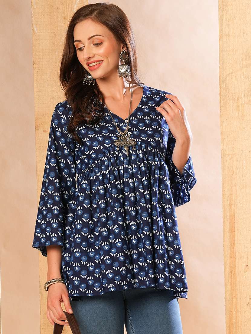 globus women indigo allover printed & gathered a-line alia cut workwear tunic