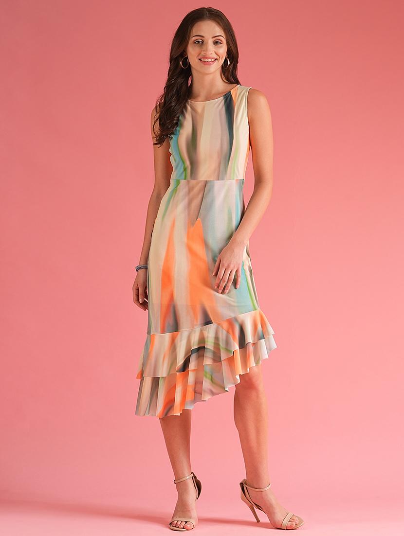 globus women multi green ruffle asymmetric sheath midi party dress - 21225835 -  Zoom Image - 0