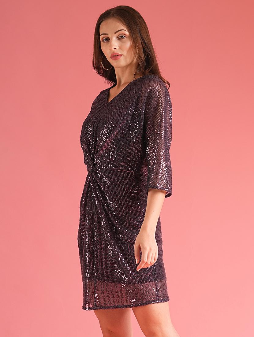 globus women purple gathered & sequinned a-line party dress - 21225846 - Standard Image - 1