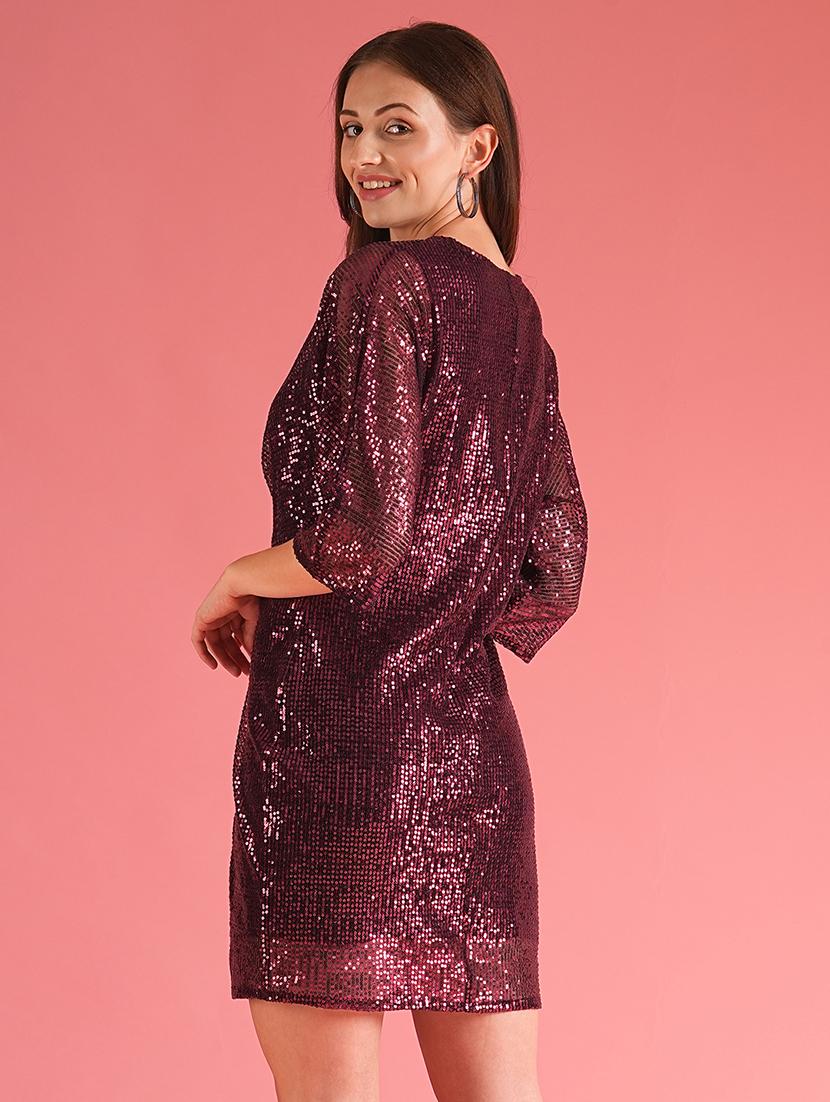 globus women wine gathered & sequinned a-line party dress - 21225848 -  Standard Image - 1