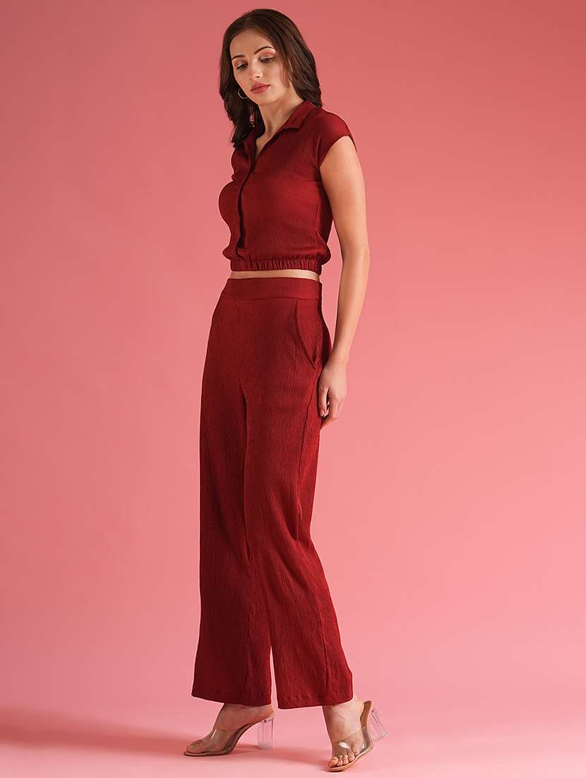 globus women maroon shirt style top with trouser co-ord set - 21226785 -  Standard Image - 1