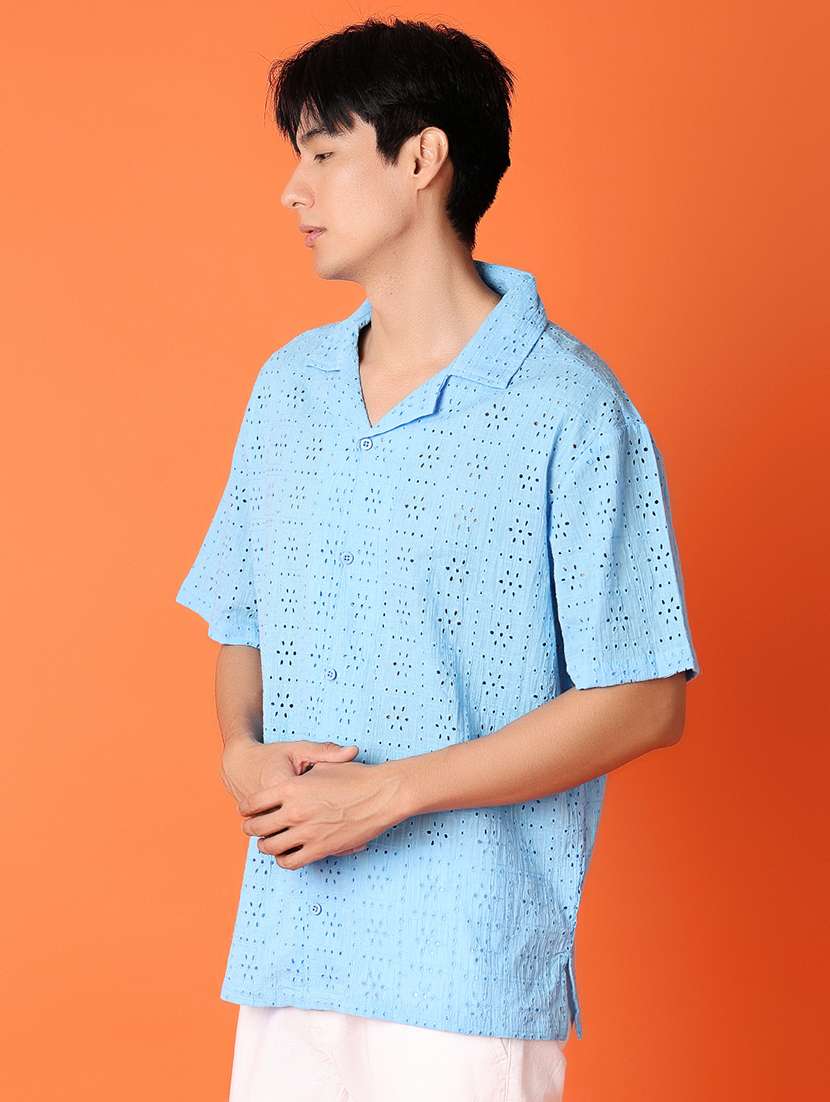 men light blue self -designed casual shirt - 21226853 -  Standard Image - 1