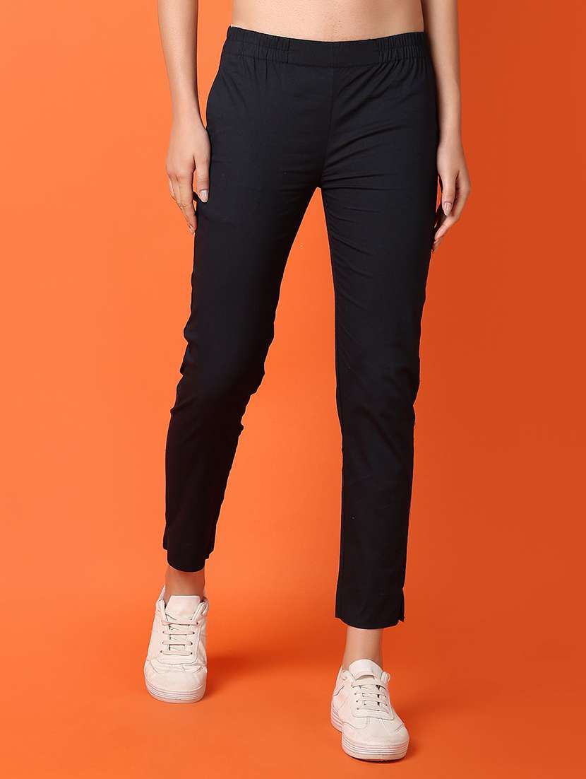 women navy blue cotton cigarette pants