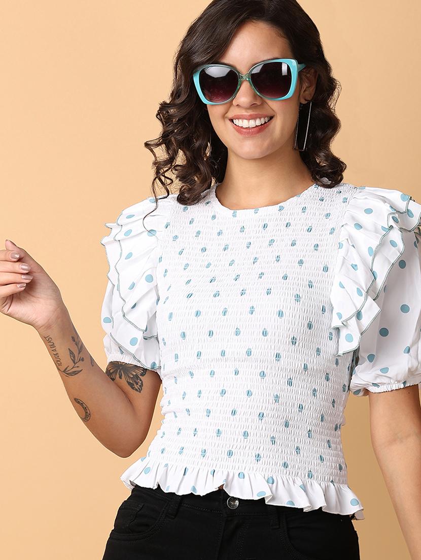 women white polka dots print puff sleeve top - 21226896 -  Standard Image - 1