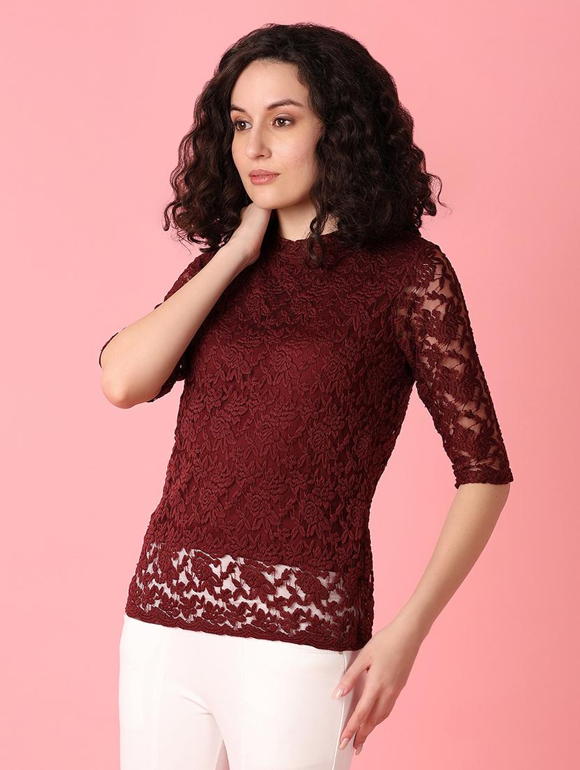 women maroon lace detailed round neck top - 21226916 - Zoom Image - 0