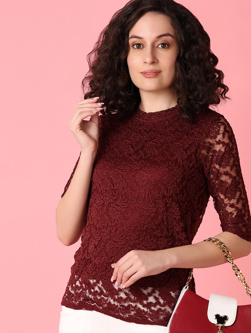 women maroon lace detailed round neck top - 21226916 - Standard Image - 1