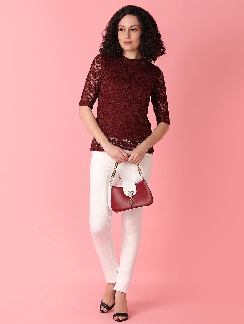 women maroon lace detailed round neck top - 21226916 - Standard Image - 4