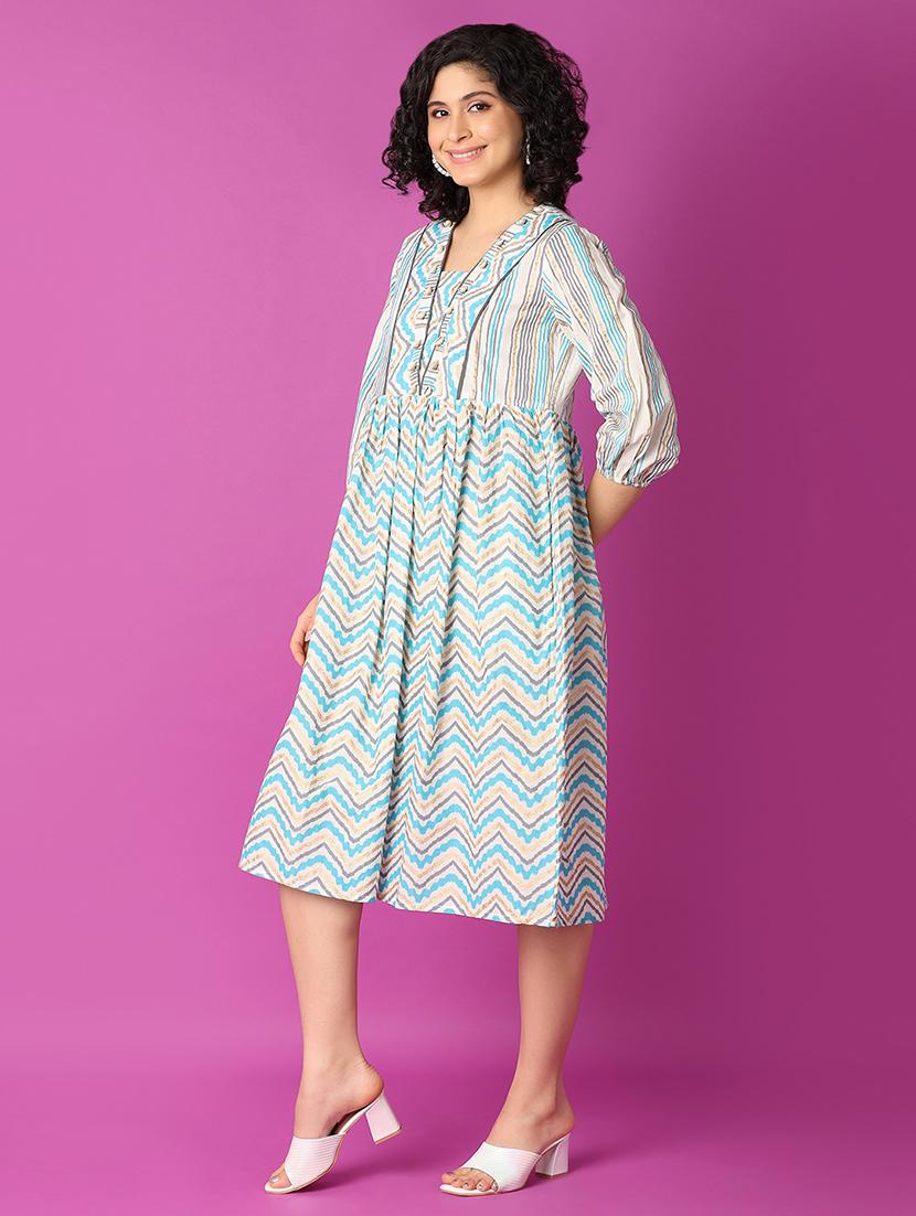 blue printed fit & flare dress - 21226925 - Standard Image - 1